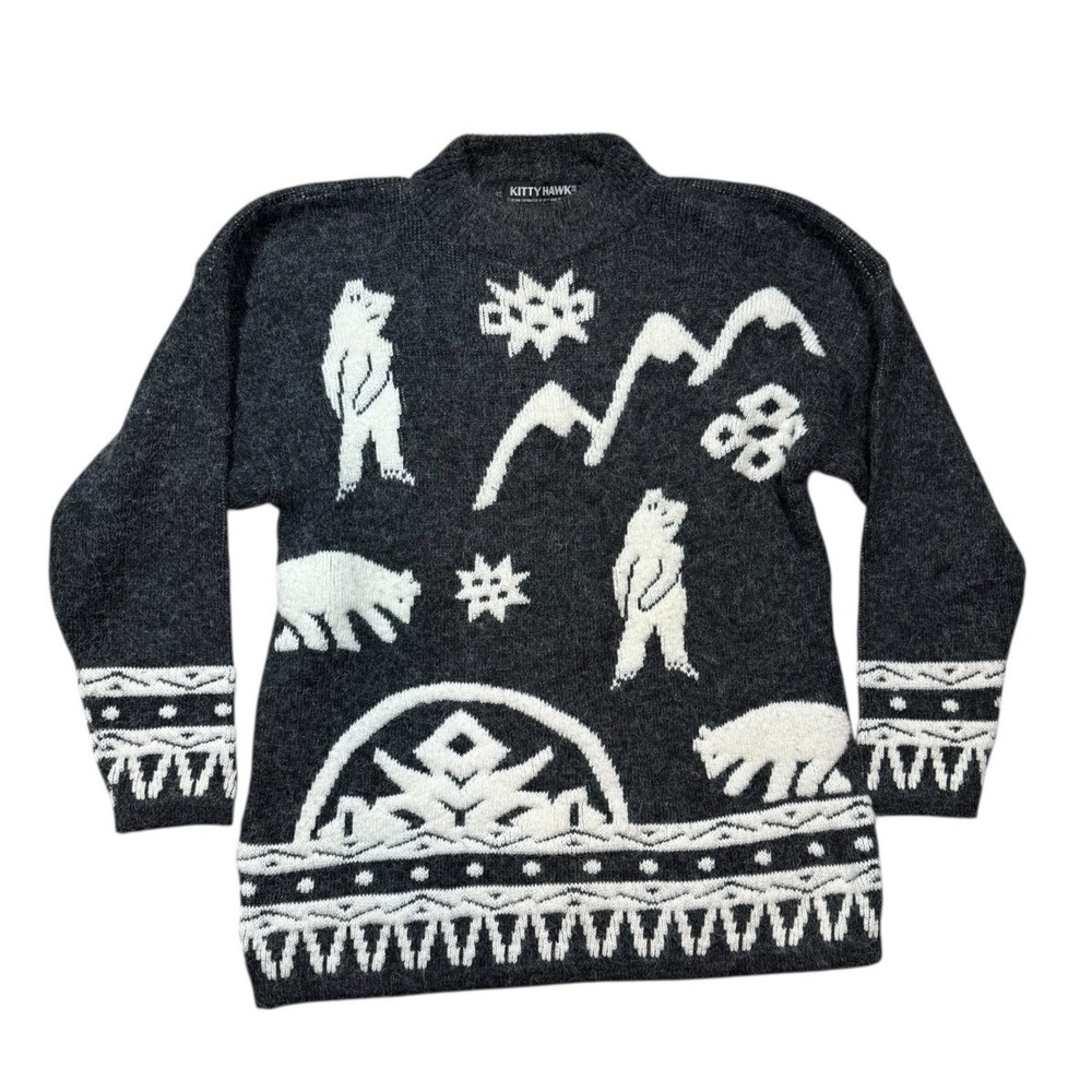 Vtg Kitty Hawk Grey Vivian Wang Mountain Polar Bear Sweater Medium